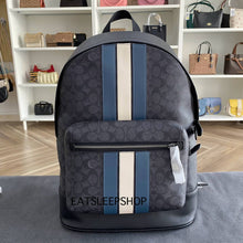 Load image into Gallery viewer, COACH WEST BACKPACK IN SIGNATURE CANVAS WITH VARSITY STRIPE (COACH CV922) GUNMETAL/CHARCOAL/DENIM/CHALK