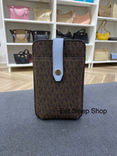 Load image into Gallery viewer, MICHAEL KORS PHONE CROSSBODY WITH CARD SLOT IN SIGNATURE BROWN PALE BLUE