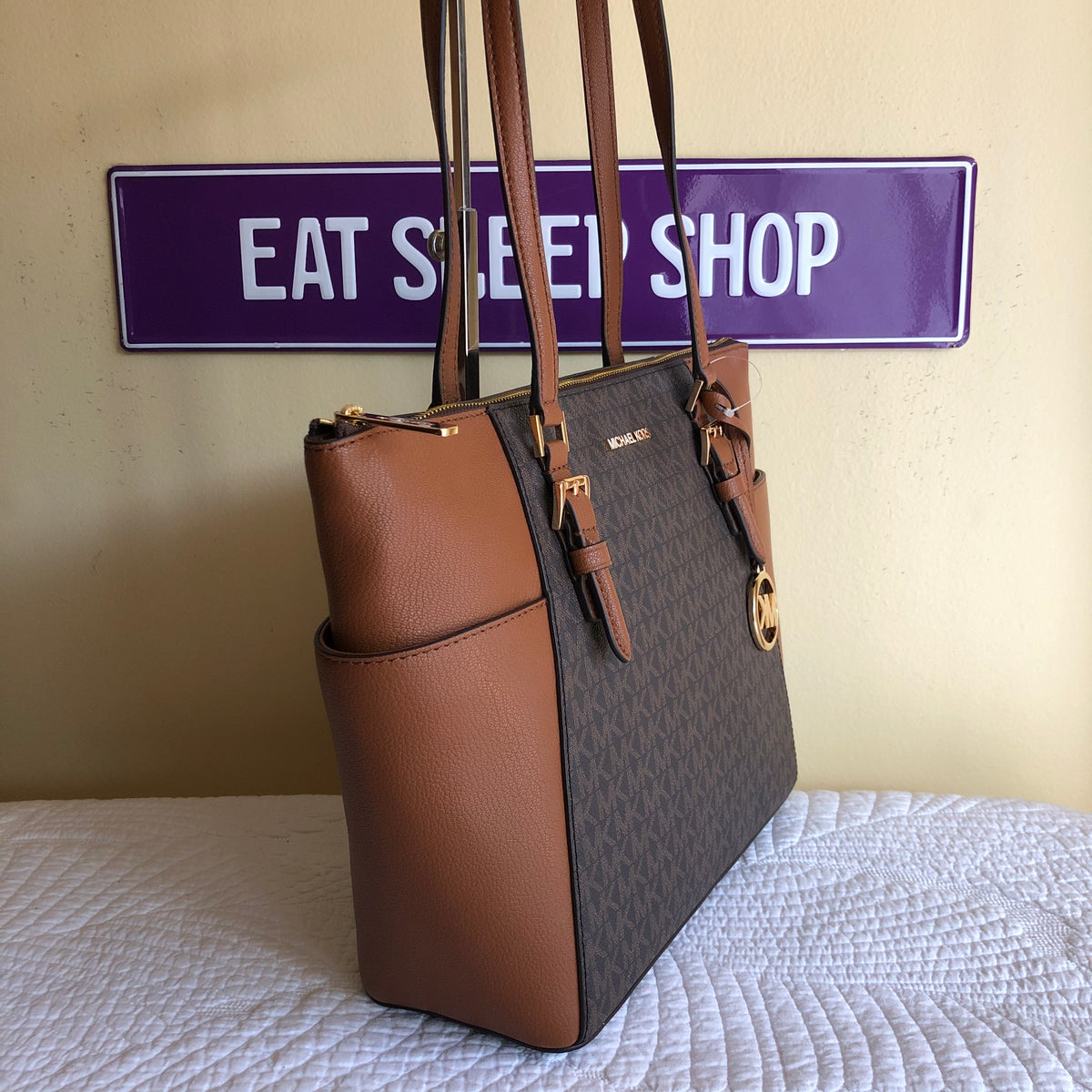 Michael Kors Brown/Tan Signature Coated Canvas and Leather Charlotte Top  Zip Tote Michael Kors