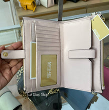 Load image into Gallery viewer, MICHAEL KORS JET SET TRAVEL LARGE DOUBLE ZIP WRISTLET WALLET SIGNATURE IN VANILLA POWDER BLUSH