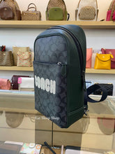 Load image into Gallery viewer, COACH WESTWAY PACK IN COLORBLOCK SIGNATURE WITH COACH PATCH CE522 IN CHARCOAL AMAZON GREEN (MINOR DENTS AND SCRATCHES)