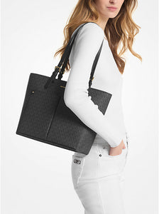 MICHAEL KORS JET SET TRAVEL MEDIUM DOUBLE POCKET TOTE IN SIGNATURE BLACK