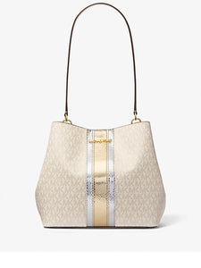 MICHAEL KORS PRATT MEDIUM BUCKET SIGNATURE AND METALLIC SHOULDER IN PALE GOLD MULTI