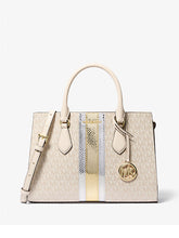 Load image into Gallery viewer, MICHAEL KORS SHEILA MEDIUM SIGNATURE AND METALLIC IN PALE GOLD MULTI
