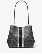 Load image into Gallery viewer, MICHAEL KORS PRATT MEDIUM BUCKET SIGNATURE AND METALLIC SHOULDER IN BLACK
