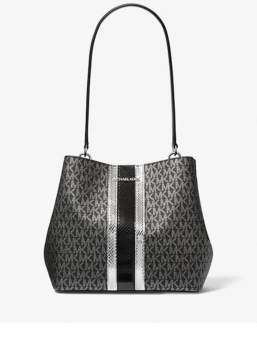 MICHAEL KORS PRATT MEDIUM BUCKET SIGNATURE AND METALLIC SHOULDER IN BLACK