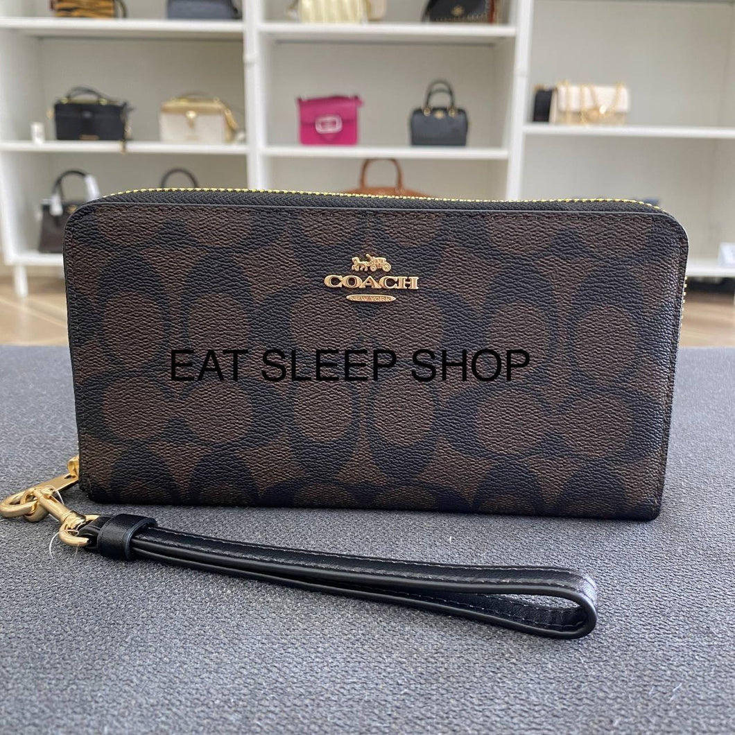 COACH SIGNATURE LONG ZIP AROUND WALLET C4452 IN BROWN BLACK