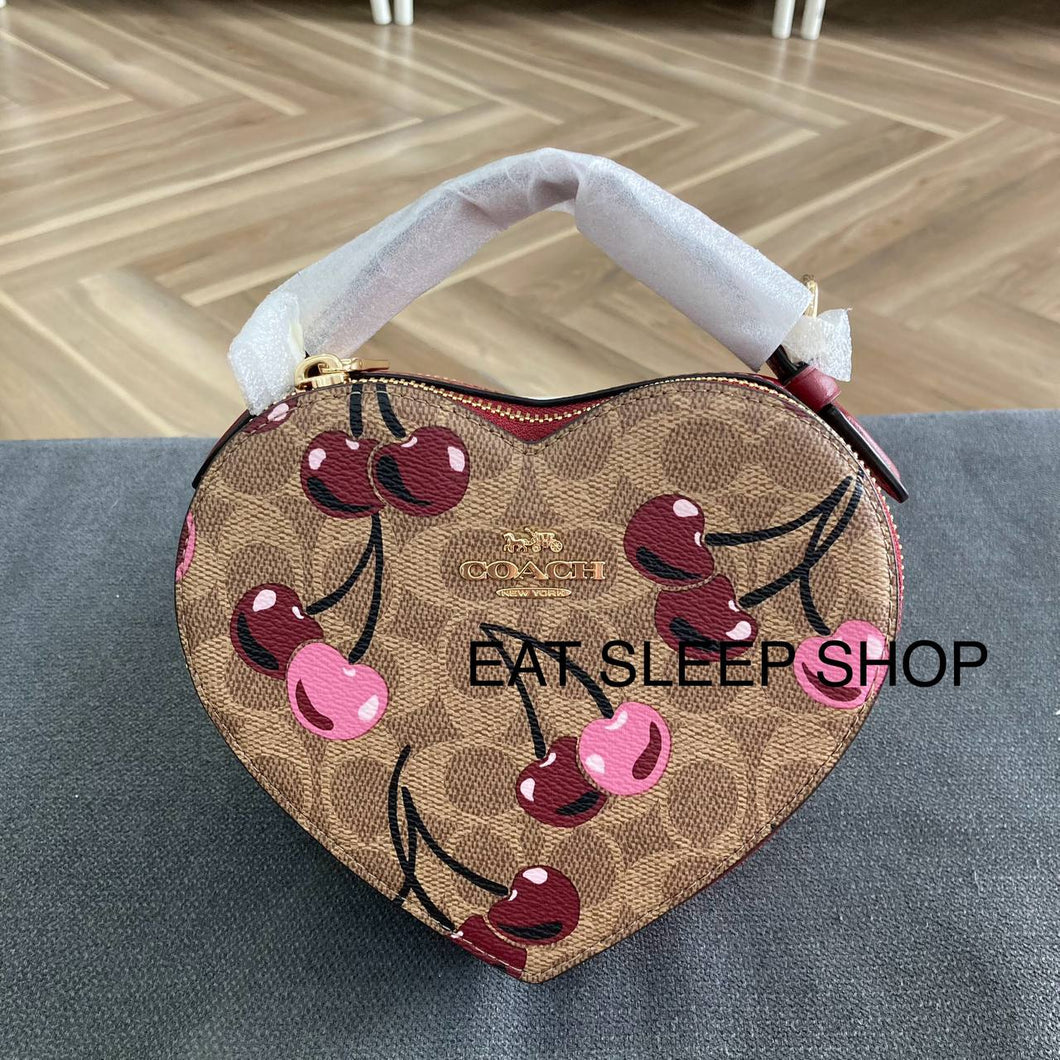 COACH HEART CROSSBODY BAG IN SIGNATURE CANVAS WITH CHERRY PRINT (COACH CY706) GOLD/TAN MULTI
