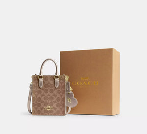 COACH BOXED MINI TOTE BAG AND MIRROR BAG CHARM SET IN SIGNATURE CANVAS (COACH CX188) GOLD/TAN/LIGHT CHAMPAGNE