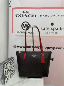 COACH FIONA ZIP TOTE BAG IN SIGNATURE CANVAS (COACH CX611) GOLD/WALNUT/BOLD RED