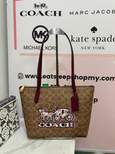 Load image into Gallery viewer, COACH FIONA ZIP TOTE BAG IN SIGNATURE CANVAS WITH HORSE AND CARRIAGE PRINT (COACH CX587) GOLD/TAN/BLACK CHERRY
