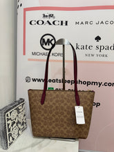 Load image into Gallery viewer, COACH FIONA ZIP TOTE BAG IN SIGNATURE CANVAS WITH HORSE AND CARRIAGE PRINT (COACH CX587) GOLD/TAN/BLACK CHERRY
