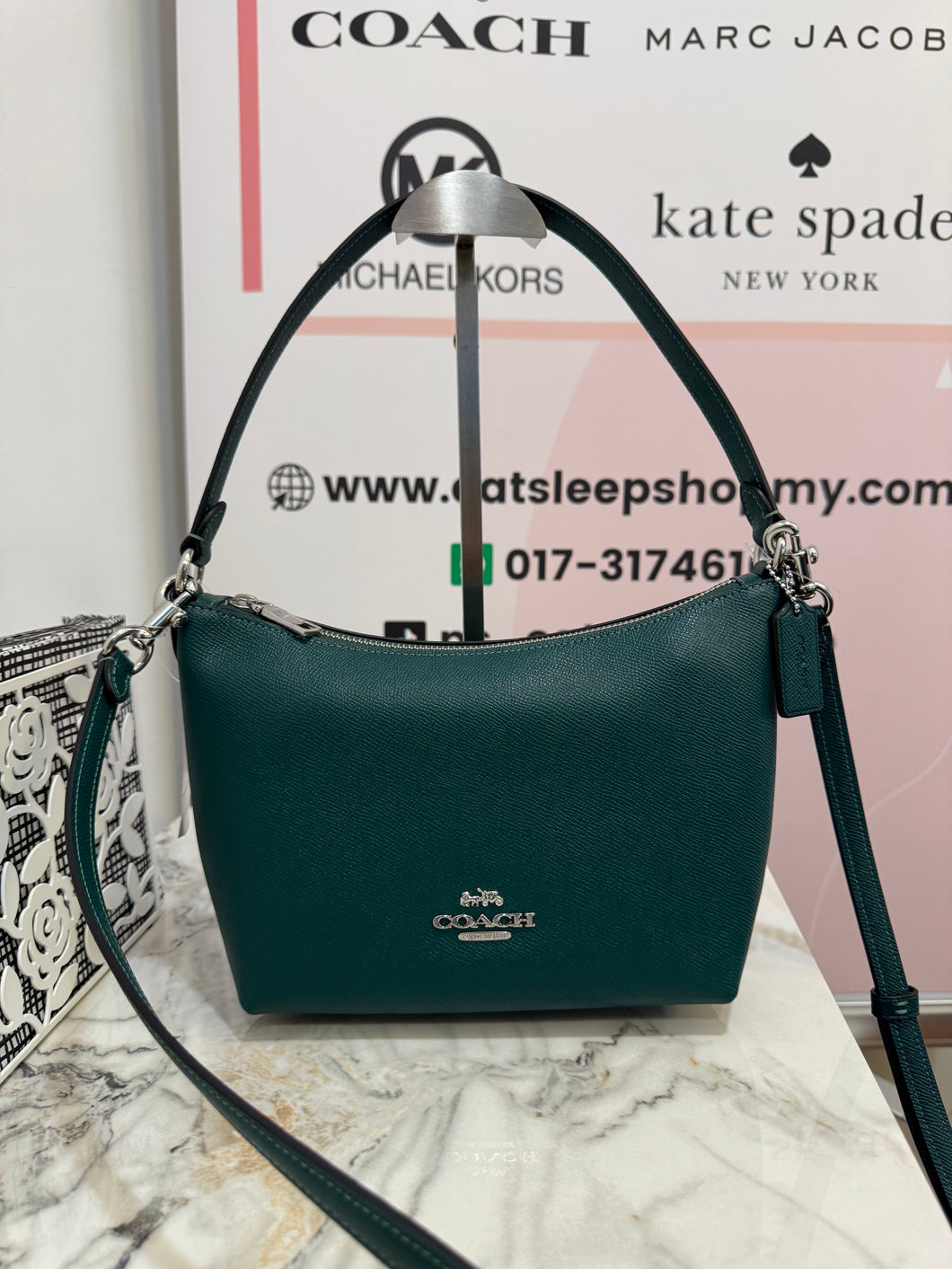 COACH ZIP TOP SHOULDER BAG (COACH CW390) SILVER/EMERALD GREEN