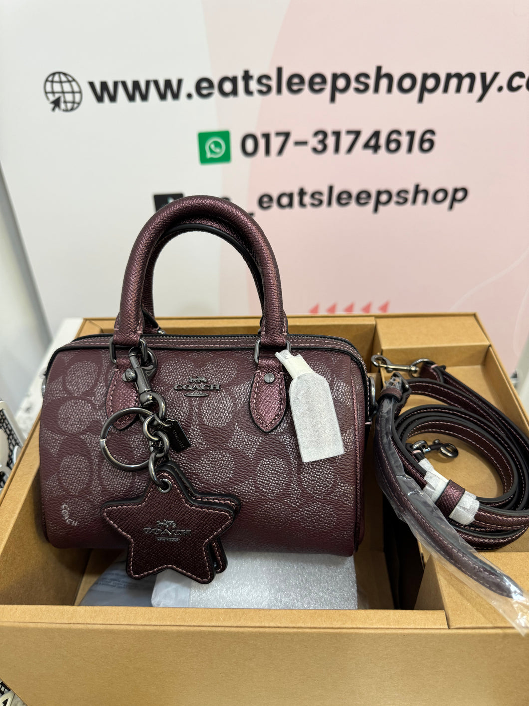 COACH BOXED MINI ROWAN CROSSBODY BAG AND MIRROR BAG CHARM SET IN SIGNATURE CANVAS (COACH CX186) GUNMETAL/WINE MULTI