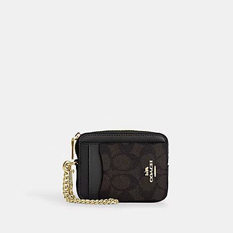 ZIP CARD CASE IN SIGNATURE CANVAS (COACH CW883) GOLD/WALNUT/BLACK