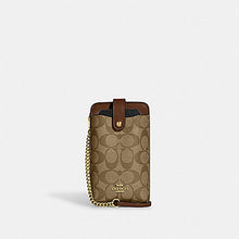Load image into Gallery viewer, COACH PHONE CROSSBODY IN SIGNATURE CANVAS C7397 GOLD/KHAKI SADDLE
