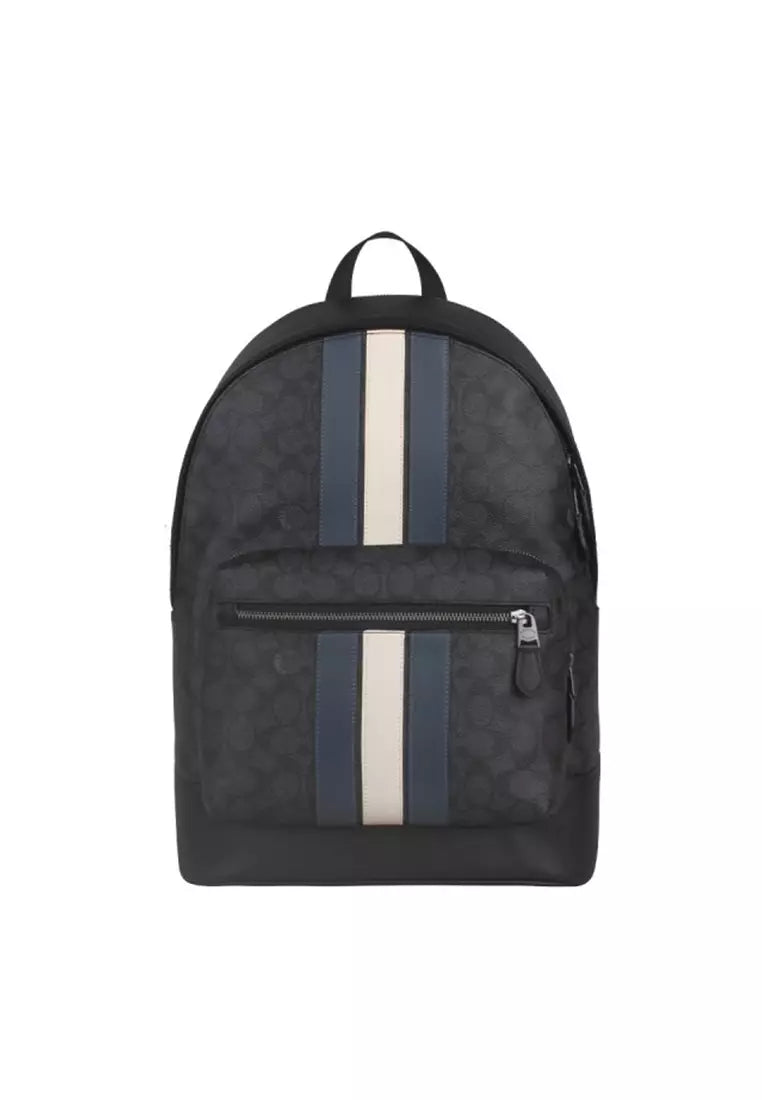 COACH WEST BACKPACK IN SIGNATURE CANVAS WITH VARSITY STRIPE (COACH CV922) GUNMETAL/CHARCOAL/DENIM/CHALK