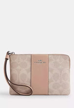 Load image into Gallery viewer, COACH CORNER ZIP WRISTLET IN SIGNATURE CANVAS WITH STRIPE (COACH CW854) SILVER/SAND/TAUPE
