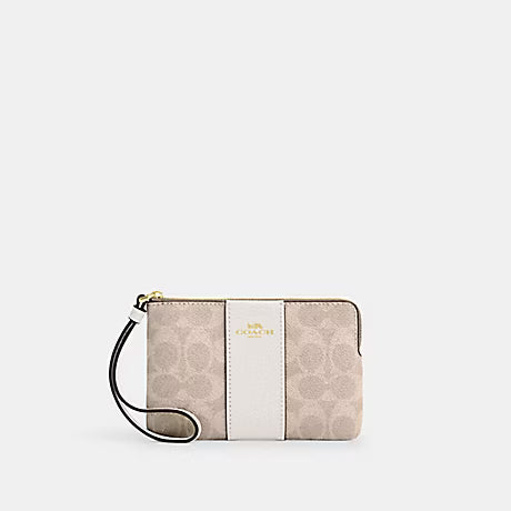 CORNER CORNER ZIP WRISTLET IN SIGNATURE CANVAS WITH STRIPE (COACH CW854) GOLD/SAND/CHALK