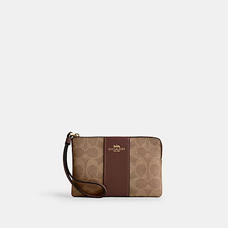 CORNER CORNER ZIP WRISTLET IN SIGNATURE CANVAS WITH STRIPE (COACH CW854) GOLD/TAN/BROWN