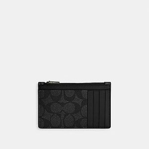 COACH ZIP CARD CASE SIGNATURE CV764 IN CHARCOAL/BLACK