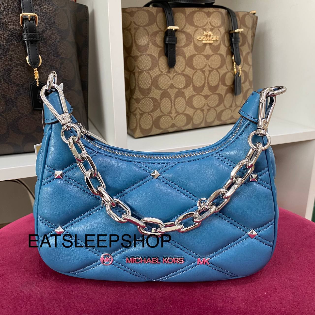 MICHAEL KORS CORA QUILTED MINI ZIP POUCHETTE IN TEAL eatsleepshop