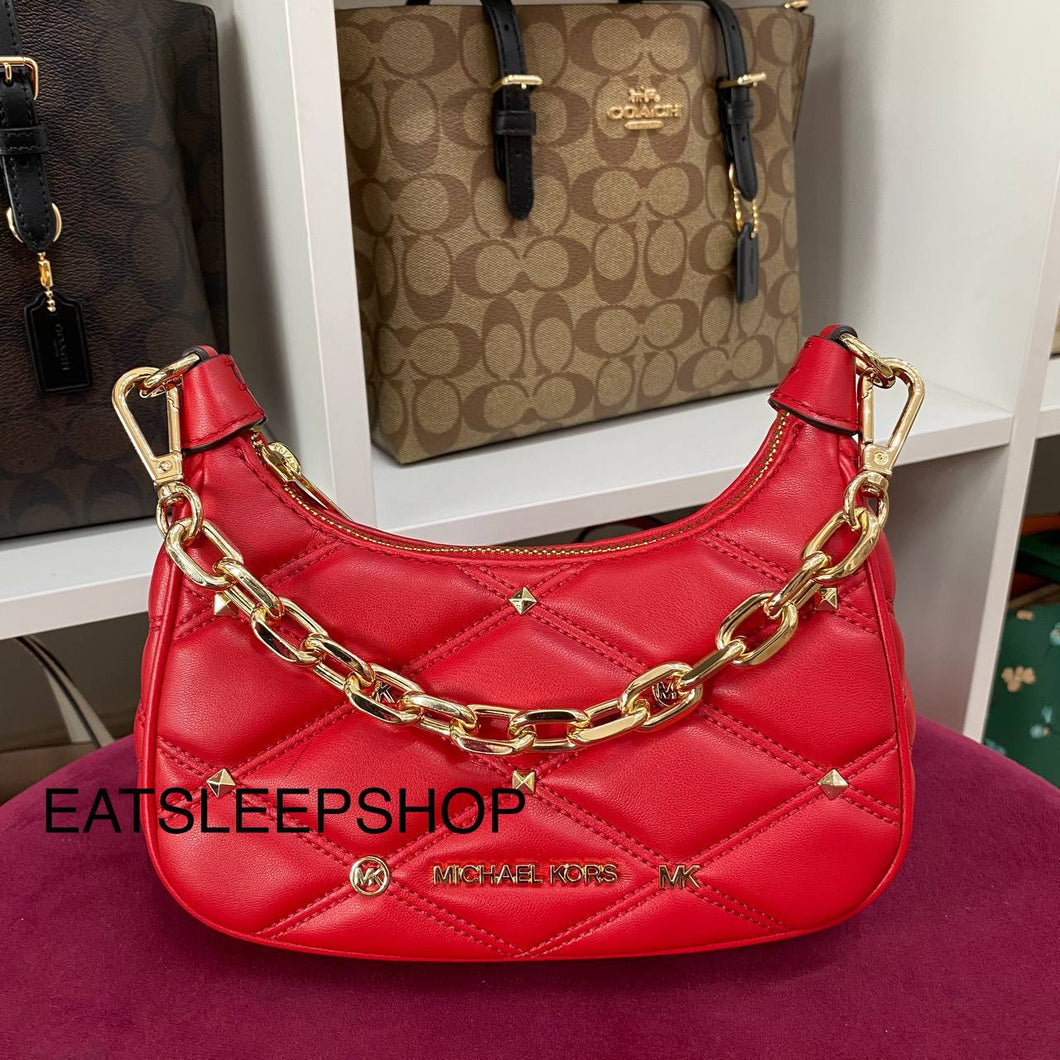 MICHAEL KORS CORA QUILTED MINI ZIP POUCHETTE  IN BRIGHT RED