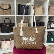 Load image into Gallery viewer, COACH ZIP TOP TOTE IN SIGNATURE CANVAS WITH HORSE AND SLEIGH CN626 GOLD/KHAKI/CHALK

