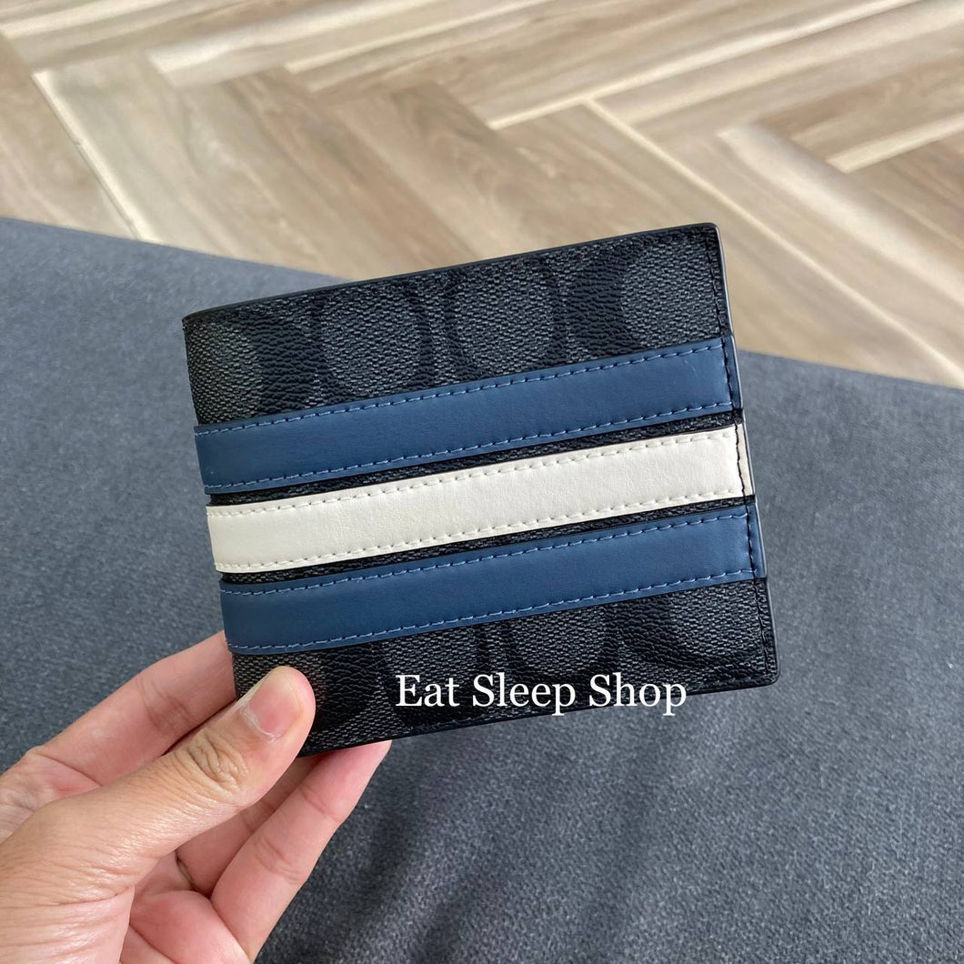 COACH 3-IN-1 WALLET SIGNATURE WITH VARSITY STRIPE 3008 IN CHARCOAL DENIM CHALK