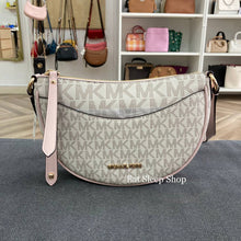 Load image into Gallery viewer, MICHAEL KORS DOVER SMALL HALF MOON CROSSBODY LEATHER IN SIGNATURE POWDER BLUSH MULTI
