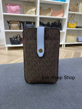Load image into Gallery viewer, MICHAEL KORS PHONE CROSSBODY WITH CARD SLOT IN SIGNATURE BROWN PALE BLUE

