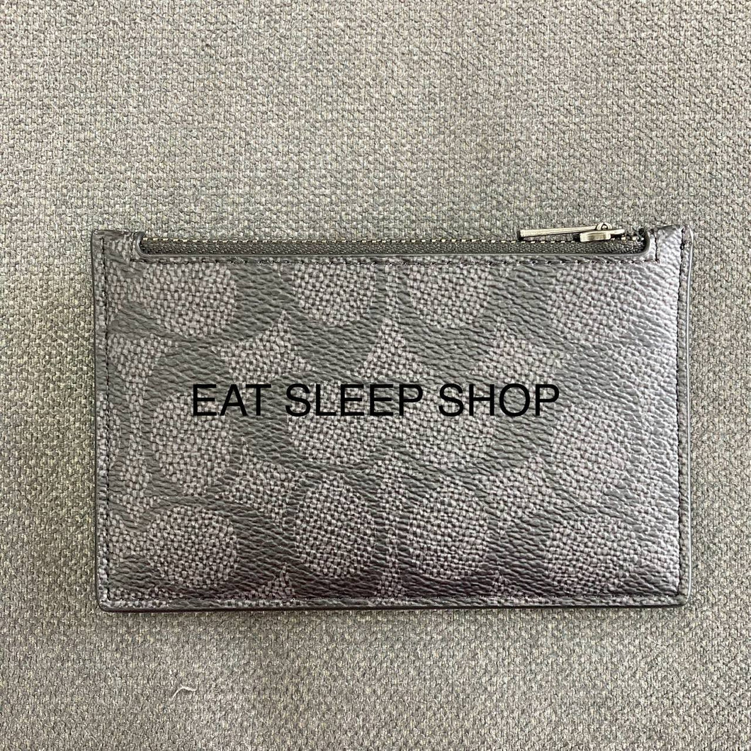 COACH ZIP CARD CASE SIGNATURE CV764 IN CHARCOAL/BLACK