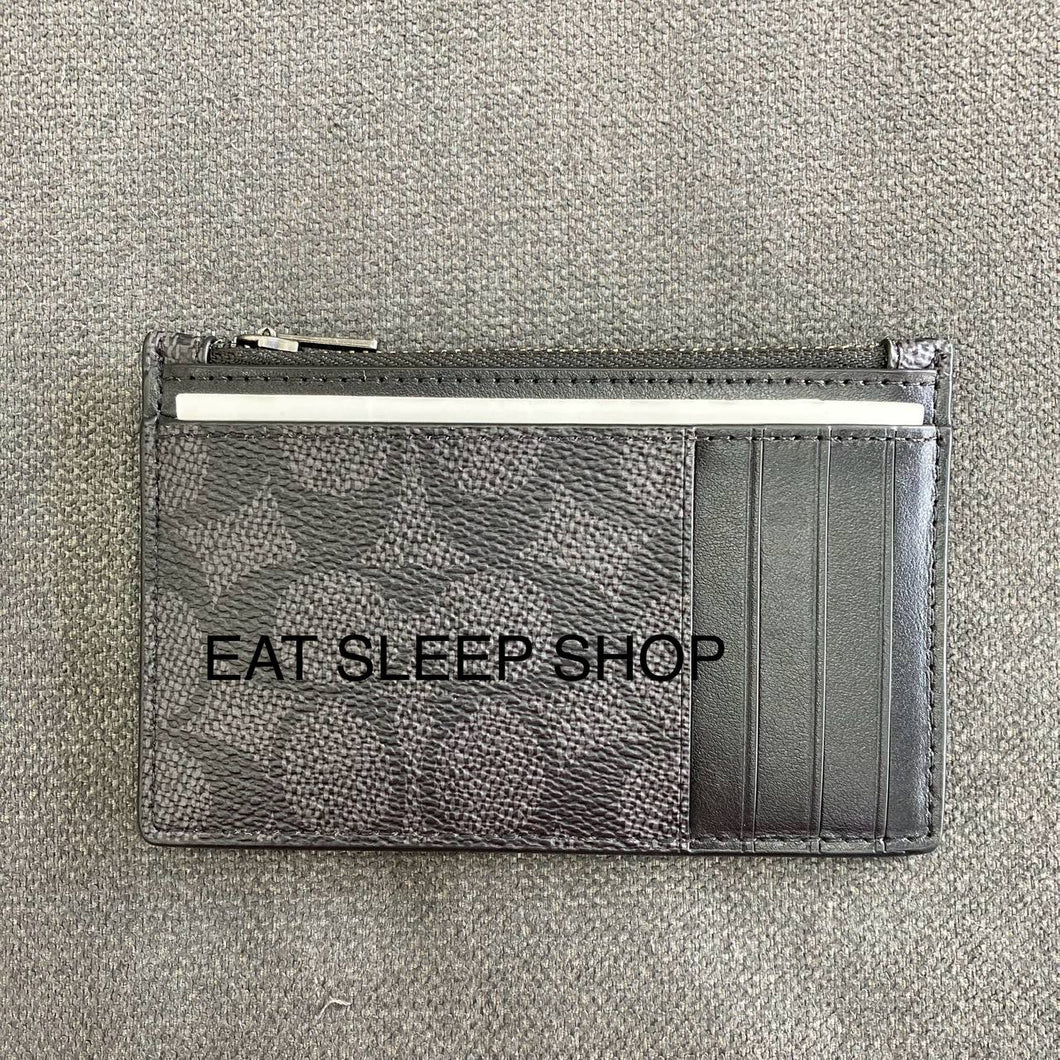 COACH ZIP CARD CASE SIGNATURE CV764 IN CHARCOAL/BLACK