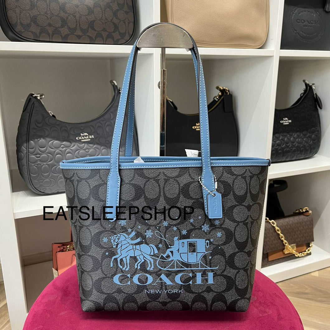 COACH MINI CITY TOTE IN SIGNATURE CANVAS WITH HORSE AND SLEIGH CM183 SILVER/GRAPHITE/LIGHT MIST