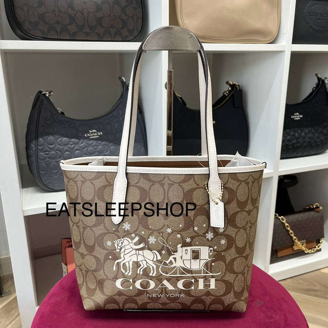 COACH MINI CITY TOTE IN SIGNATURE CANVAS WITH HORSE AND SLEIGH CM183 GOLD/KHAKI/CHALK