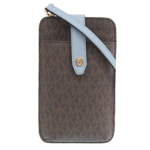 MICHAEL KORS PHONE CROSSBODY WITH CARD SLOT IN SIGNATURE BROWN PALE BLUE