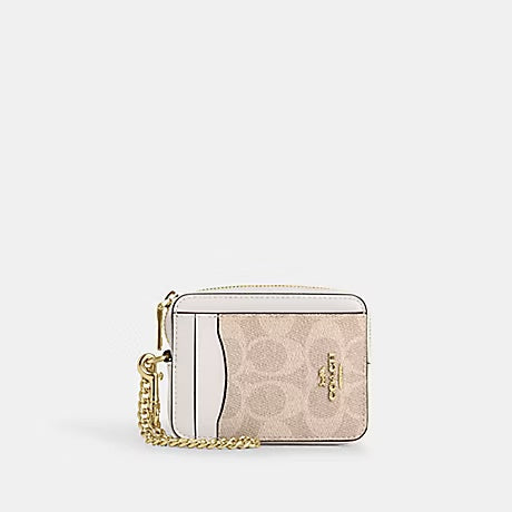 ZIP CARD CASE IN SIGNATURE CANVAS (COACH CW883) GOLD/SAND/CHALK
