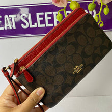 Load image into Gallery viewer, COACH  DOUBLE ZIP WALLET WRISTLET SIGNATURE C5576 IN BROWN 1941 RED
