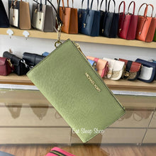 Load image into Gallery viewer, MICHAEL KORS JET SET TRAVEL LARGE DOUBLE ZIP WRISTLET WALLET LEATHER IN LIGHT SAGE
