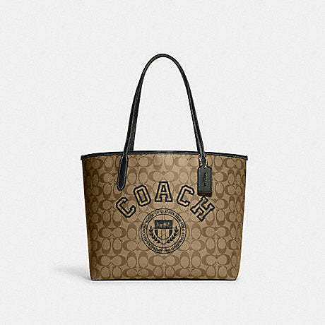 CITY TOTE IN SIGNATURE CANVAS WITH VARSITY MOTIF IN KHAKI GREEN