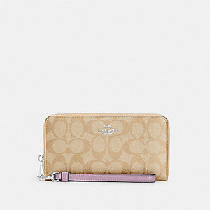 COACH SIGNATURE LONG ZIP AROUND WALLET C4452 IN LIGHT KHAKI/ICE PURPLE