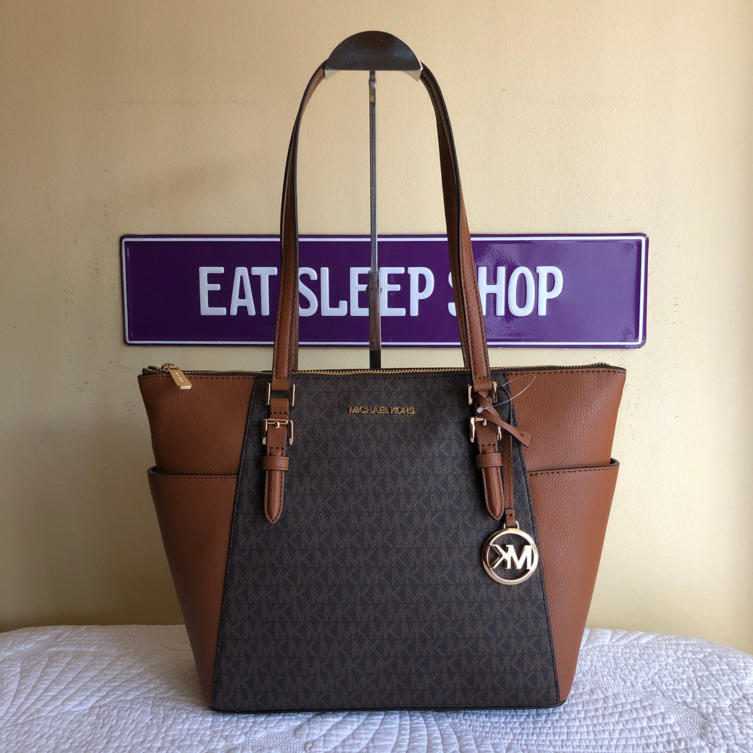 MICHAEL KORS CHARLOTTE LARGE TOP ZIP TOTE IN SIGNATURE BROWN (5444395892889)