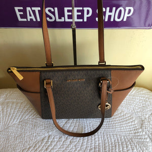  Michael Kors Charlotte Large Zip Tote bundled with matching  Trifold Wallet and Skinny Scarf (Signature MK Brown)