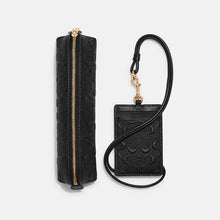 Load image into Gallery viewer, COACH BOXED PENCIL CASE AND ID LANYARD SET DEBOSSED LEATHER CF467 IN BLACK
