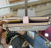Load image into Gallery viewer, MICHAEL KORS JET SET TRAVEL LARGE DOUBLE ZIP WRISTLET WALLET SIGNATURE IN VANILLA POWDER BLUSH
