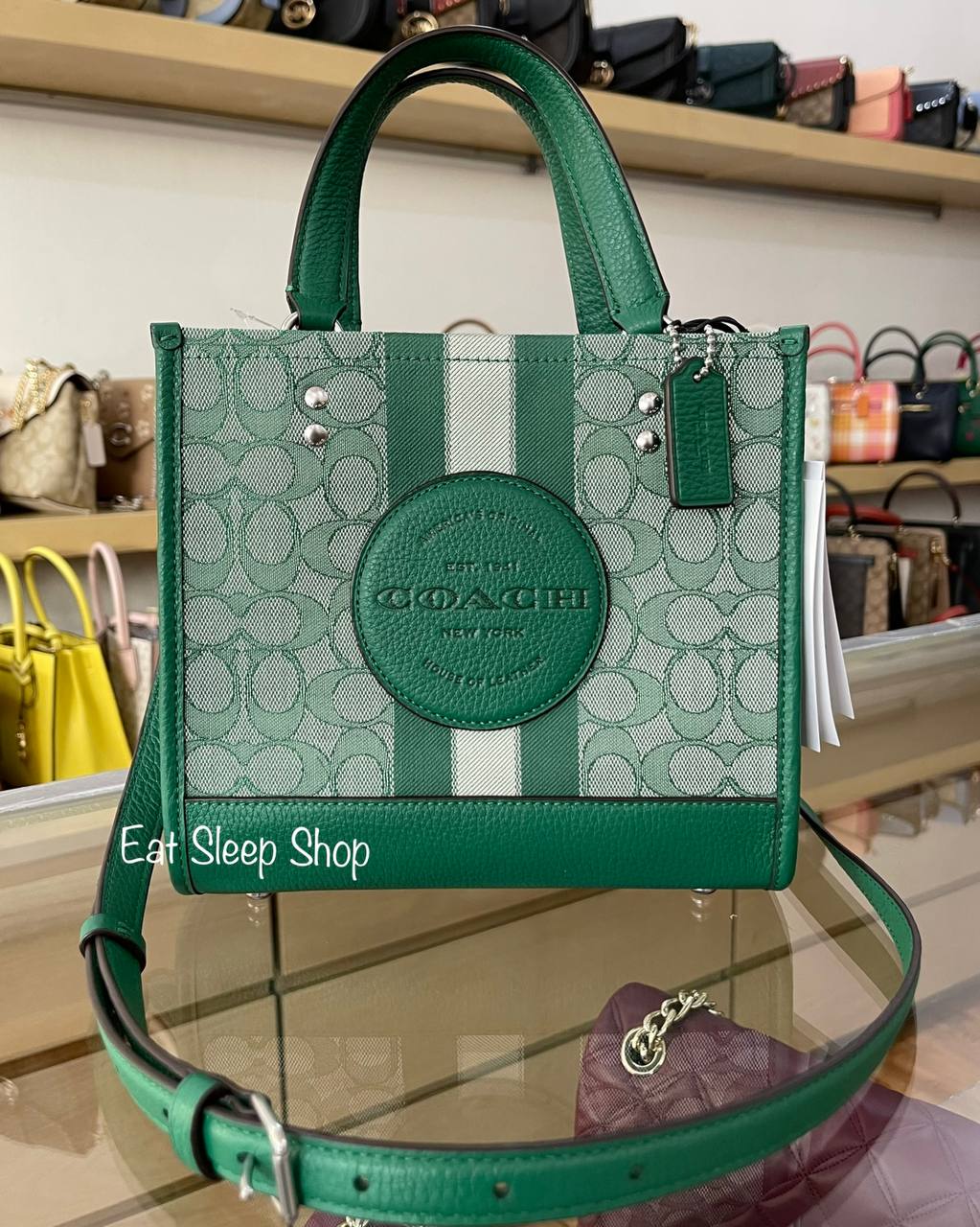 COACH DEMPSEY TOTE 22 SIGNATURE JACQUARD WITH STRIPE AND COACH PATCH C8417 IN GREEN MULTI