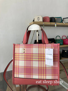 DEMPSEY TOTE 22 WITH GARDEN PLAID PRINT AND COACH PATCH C8198 IN TAFFY MULTI