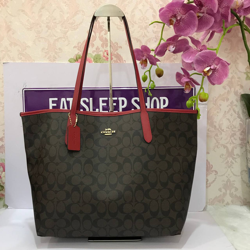 COACH CITY TOTE SIGNATURE CANVAS 5696 IN IM/BROWN 1941 RED (6751922553019)