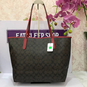 COACH CITY TOTE SIGNATURE CANVAS 5696 IN IM/BROWN 1941 RED (6751922553019)