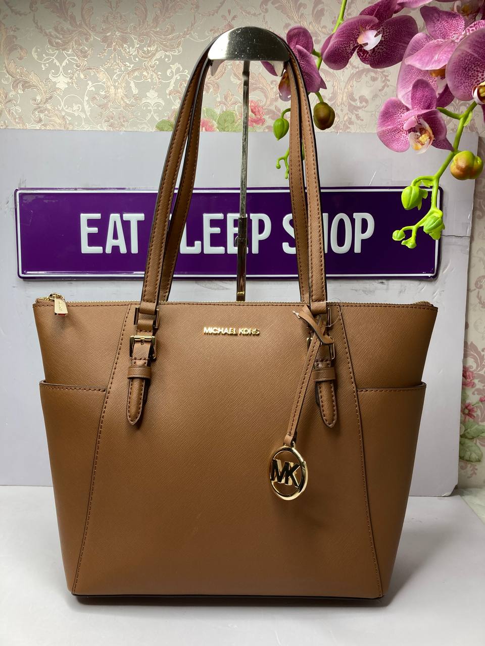 michael kors charlotte large saffiano leather top zip tote bag